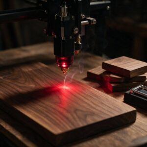 Gravat làser Capçal de làser gravant una fusta de noguera al taller